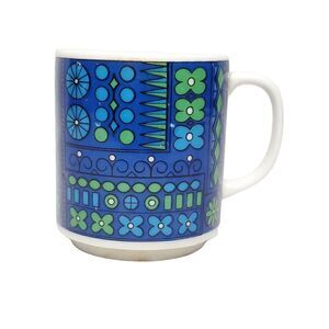 Vtg MCM Coffee Mug Geometric Floral All Around Design Blue Green Stamped SY